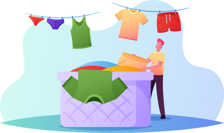 Male Hanging Clothes on Rope for Drying From Basket  Illustration