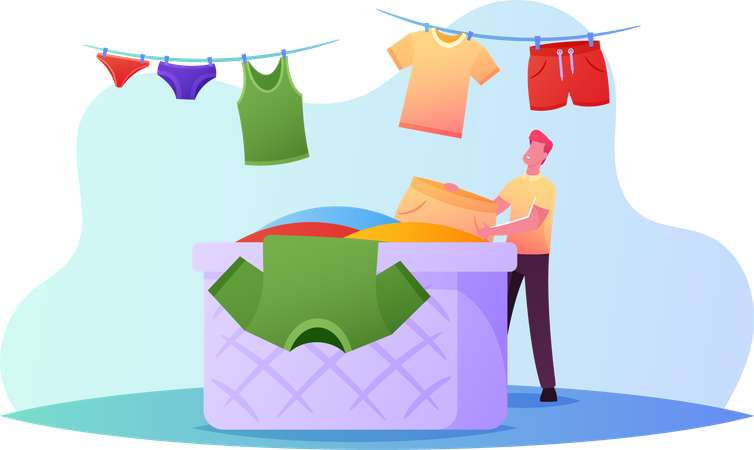 Male Hanging Clothes on Rope for Drying From Basket  일러스트레이션