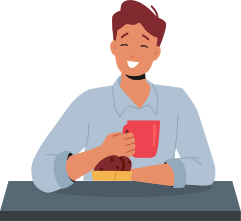 Male Having Chocolate Cookies and Coffee Illustration