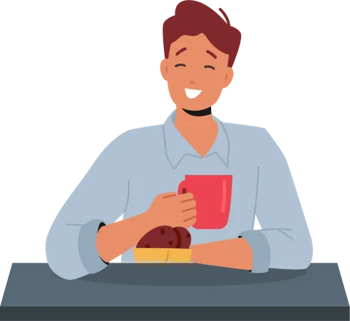 Male Having Chocolate Cookies and Coffee Illustration
