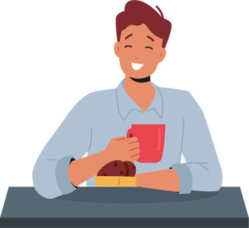 Male Having Chocolate Cookies and Coffee  Illustration