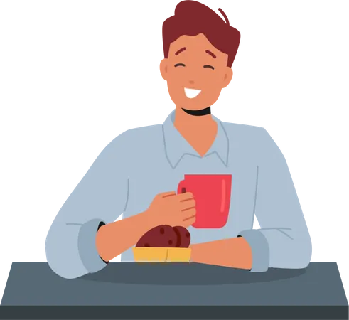 Male Having Chocolate Cookies and Coffee  Illustration