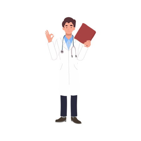 Male healthcare worker holding file in white coat  Illustration