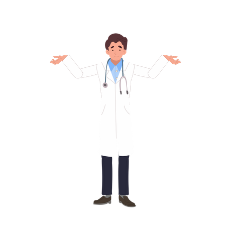 Male healthcare worker in white coat showing uncertainty gesture  Illustration