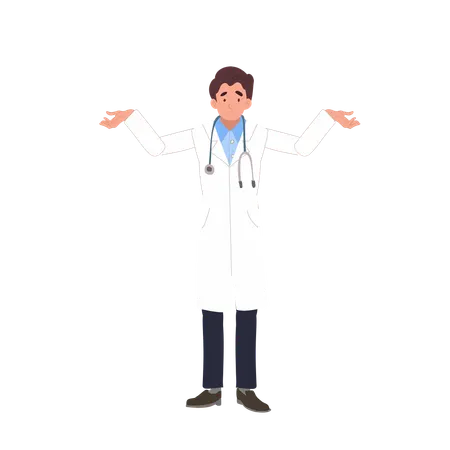 Male healthcare worker in white coat showing uncertainty gesture  Illustration