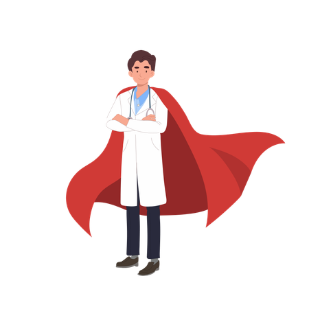 Male healthcare worker with red cape arms crossed confident medical hero  Illustration