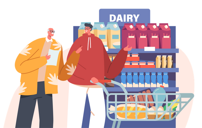Male Helping Aged Pensioner to Buy Grocery Products in Store Illustration