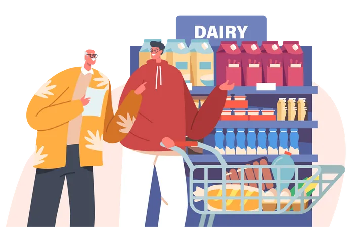 Male Helping Aged Pensioner to Buy Grocery Products in Store  Illustration