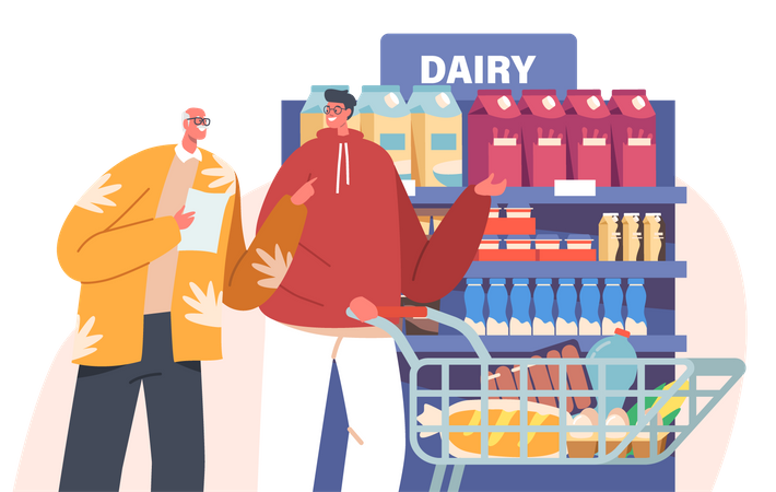 Male Helping Aged Pensioner to Buy Grocery Products in Store  Illustration