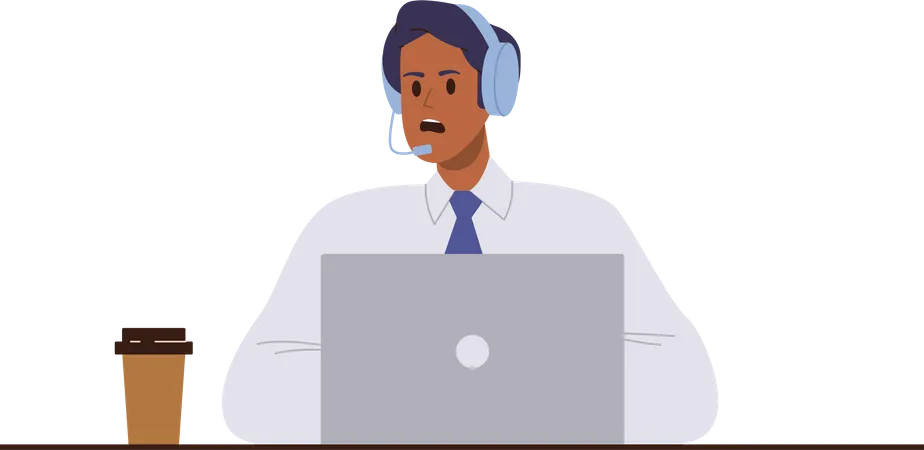 Helpline Operator Male Worker Character In Headphones Giving Remote Consultation For Business Vector Illustration Man Technical Support Agent Working 24 Hour Using Laptop Isolated On White Background Illustration