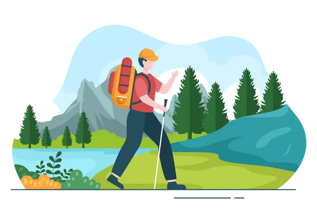 Adventure Tour On The Theme Of Climbing Trekking Hiking Walking Or Vacation With Forest And Mountain Views In Flat Nature Background Poster Illustration Illustration