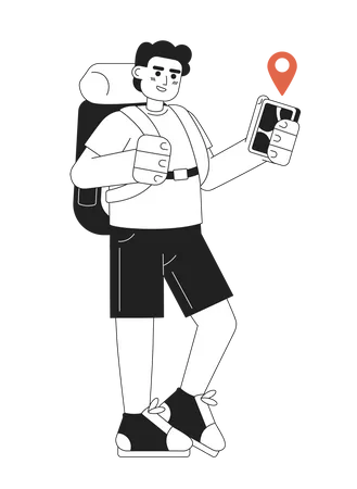 Male Hiker Looking At Location Tracking App Flat Vector Cartoon Outline Character Backpacker With Phone Spot Illustration Full Body Person Isolated Editable 2 D Black White Drawing Graphic Design Illustration
