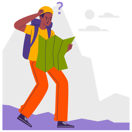 Male hiker lost and finding route on map  Illustration