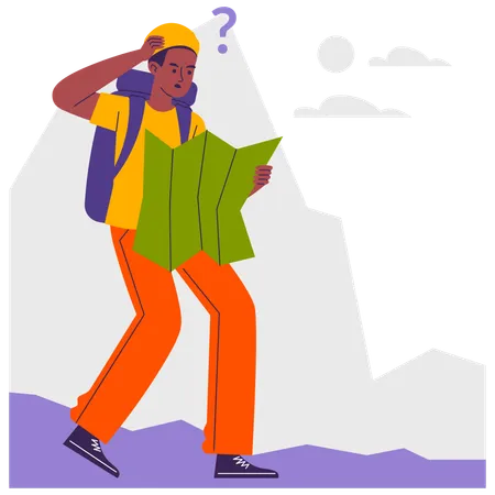 Male hiker lost and finding route on map  Illustration