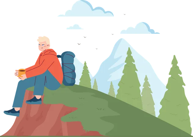 Male hiker sitting at top of montain  Illustration