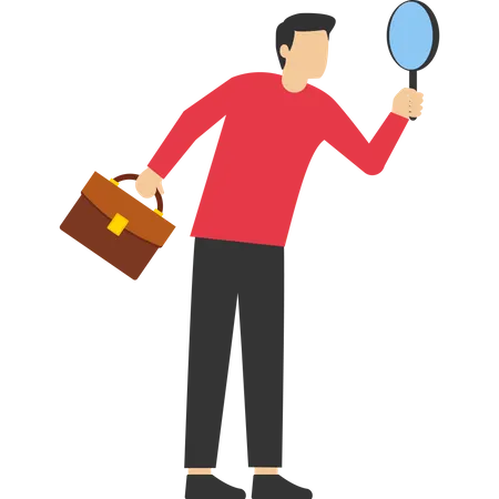 Search Find Report Specialist Analysis Or Investigation Concept And Research For Insight Information Curious Male Detective Holding Big Magnifying Glass And Thinking About Evidence And Result Illustration