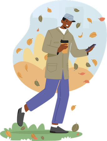 Male Holding Coffee Cup and Smartphone Walk under Falling Leaves at Autumn Day Illustration
