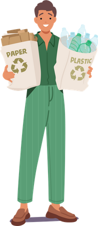 Male Holding Eco Bags With Sorted Paper And Plastic Waste  Illustration
