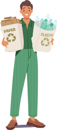 Male Character Holding Eco Bags With Sorted Paper And Plastic Waste Man Promoting Sustainability And Environmental Consciousness Isolated White Background Cartoon People Vector Illustration Illustration