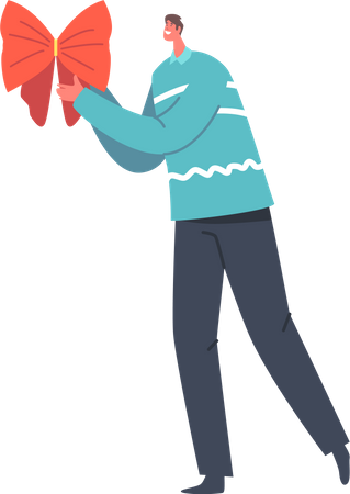 Male Holding Festive Red Bow  Illustration
