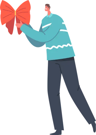 Male Holding Festive Red Bow Illustration