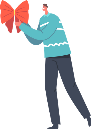 Male Holding Festive Red Bow  Illustration