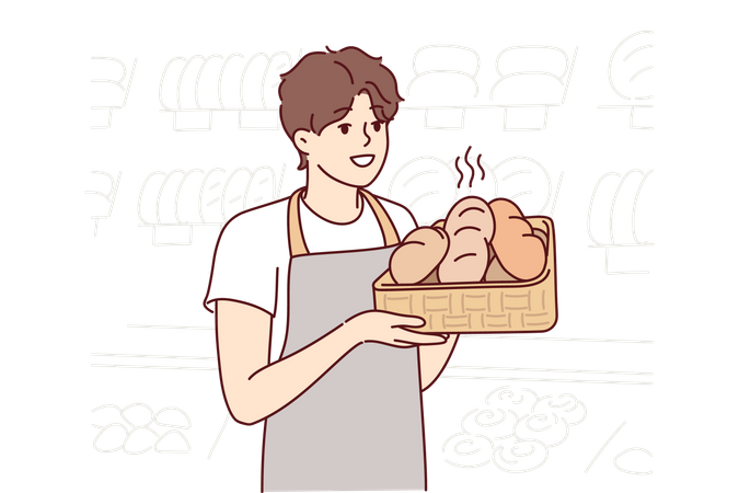 Male holding fresh bread basket  Illustration