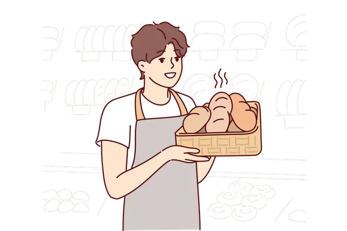 Male holding fresh bread basket  Illustration
