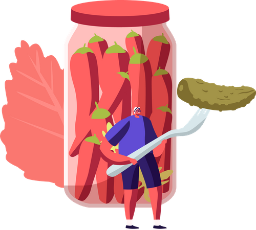 Male Holding pickle cucumber on Fork Stand at Glass Jar with Red Chili Peppers Illustration