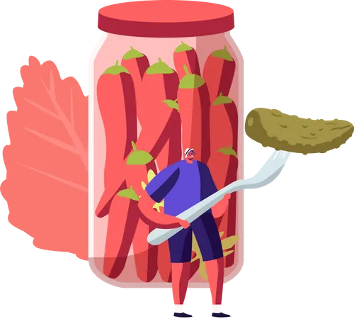 Male Holding pickle cucumber on Fork Stand at Glass Jar with Red Chili Peppers  Illustration