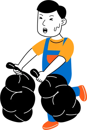 Man House Cleaner Carry Rubbish In Plastic Illustration