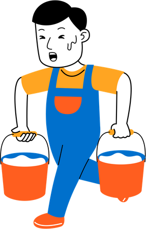 Male housekeeper carry water buckets  Illustration