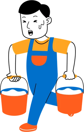 Man House Cleaner Carry Water In Buckets Illustration