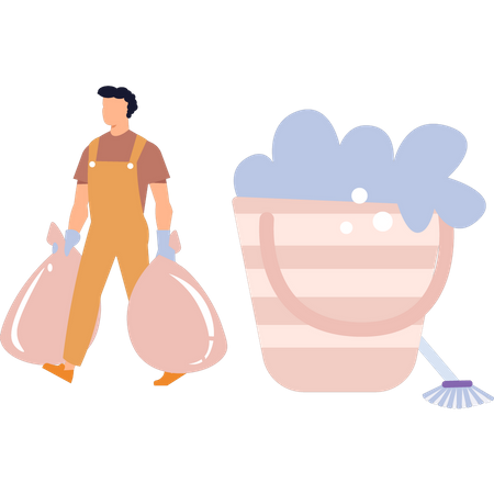 Male housekeeper carrying garbage bags  Illustration