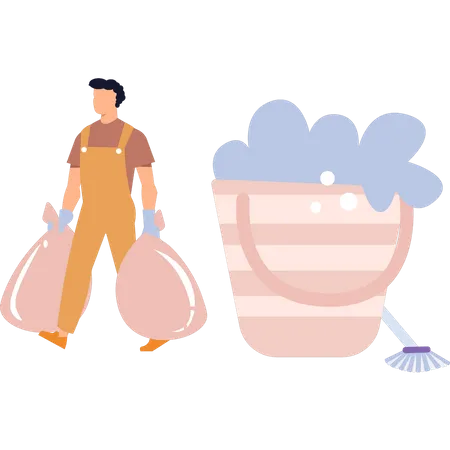 The Housekeeper Is Carrying Garbage Bags Illustration