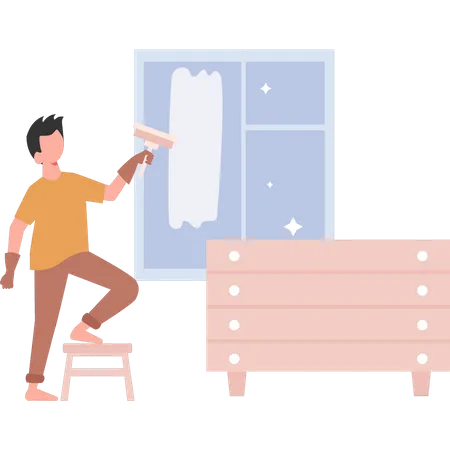 Male housekeeper cleaning window  Illustration