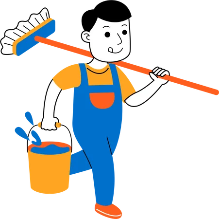 Man House Cleaner Get Ready To Mop The Floor Illustration