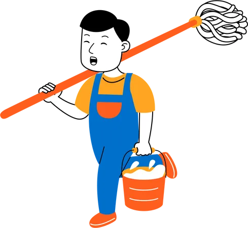 Male housekeeper get ready to mop floor  Illustration