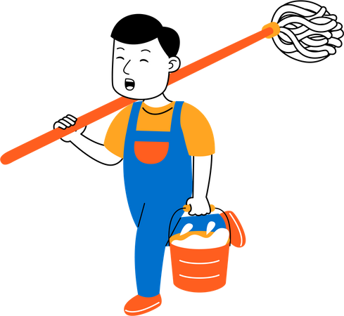 Male housekeeper get ready to mop floor  Illustration