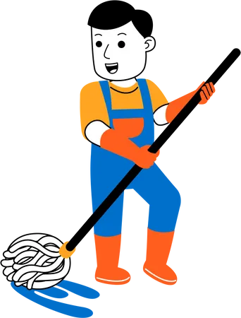 Male housekeeper is mopping floor  Illustration