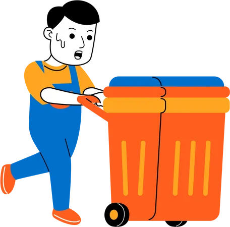 Man House Cleaner Pushing The Trash Can Illustration