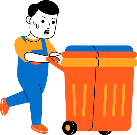 Male housekeeper pushing trash can  Illustration