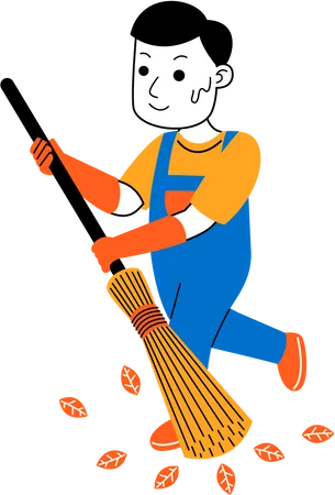 Man House Cleaner Sweeping The Yard Illustration