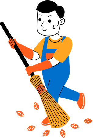 Male housekeeper sweeping yard  Illustration