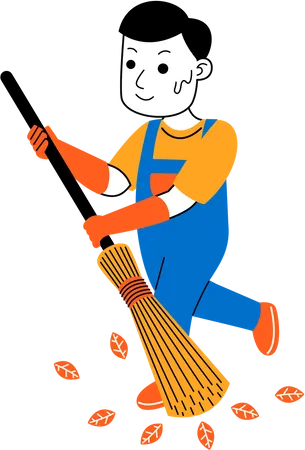 Male housekeeper sweeping yard  Illustration