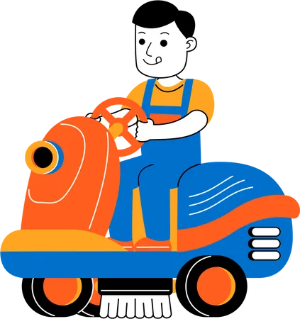 Male housekeeper using floor cleaning machine  Illustration