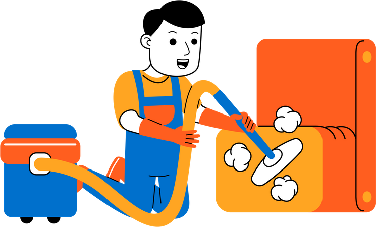 Male housekeeper vacuuming sofa  일러스트레이션