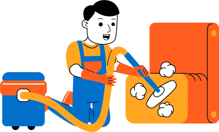 Male housekeeper vacuuming sofa  Illustration