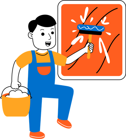 Male housekeeper washing window  Illustration