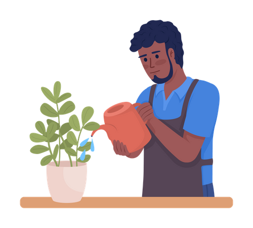 Male housekeeper watering indoor plants regularly  Illustration